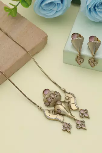 Light pink color lord ganesha american diamond necklace set