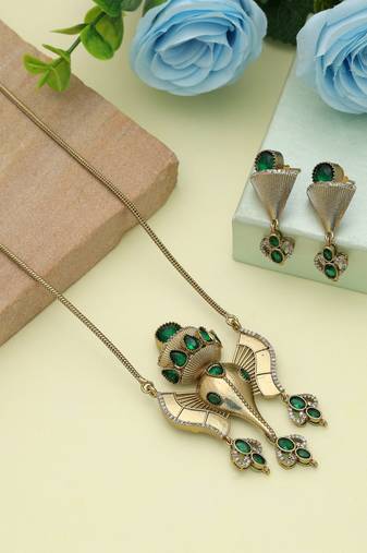 Green color lord ganesha american diamond necklace set