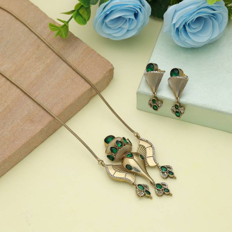 Green color lord ganesha american diamond necklace set