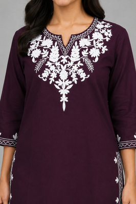 Wine embroidered cotton short kurti  3