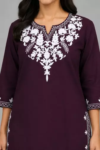 Wine embroidered cotton short kurti 
