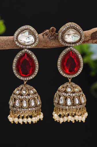 Red color american diamond earrings