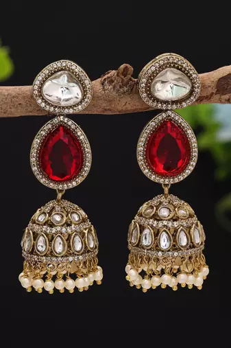 Red color american diamond earrings