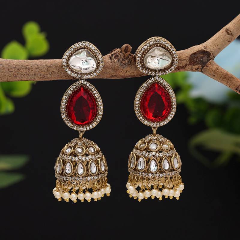 Red color american diamond earrings