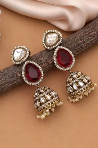 Red color american diamond earrings