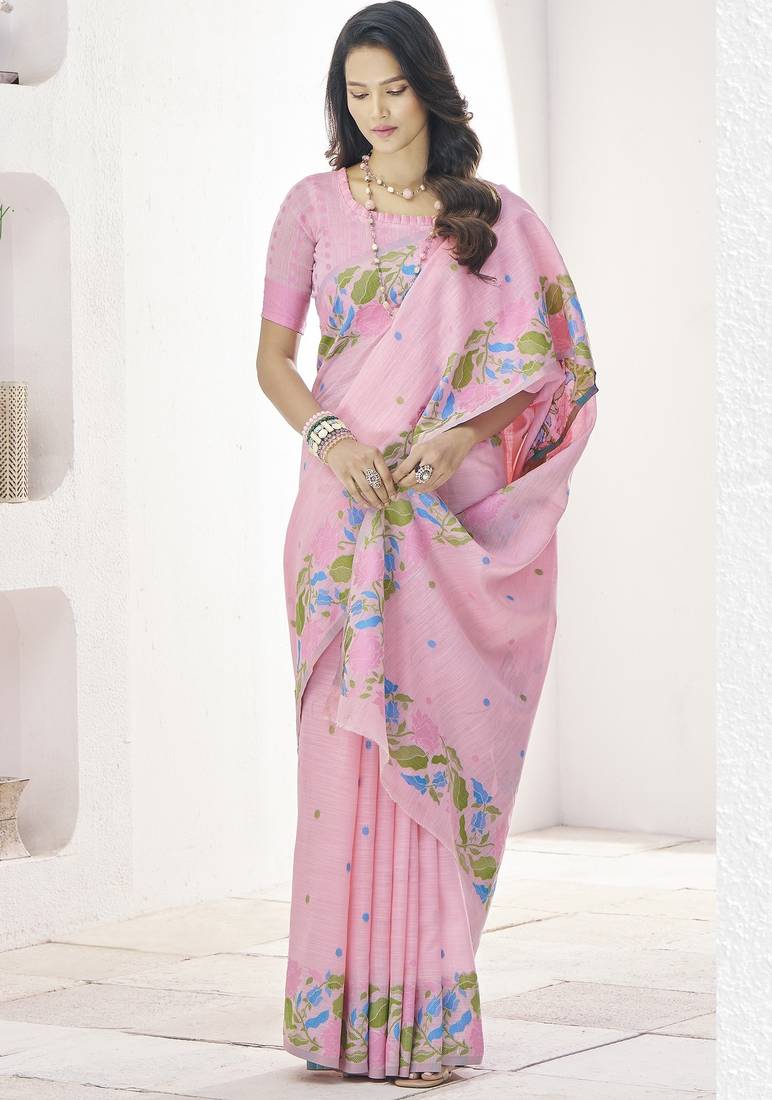PINK linen silk blend saree for festive & party wear