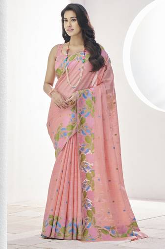 PEACH linen silk blend saree for festive & party wear