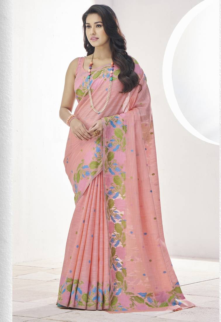 PEACH linen silk blend saree for festive & party wear