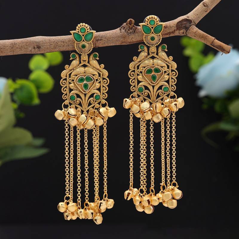 Green color long kasmiri earrings