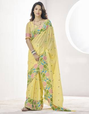 YELLOW linen silk blend saree for festive & party wear 1