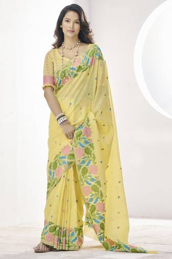 YELLOW linen silk blend saree for festive & party wear