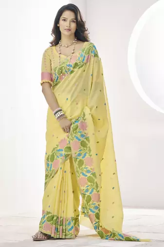 YELLOW linen silk blend saree for festive & party wear