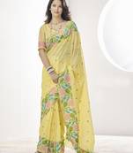 YELLOW linen silk blend saree for festive & party wear