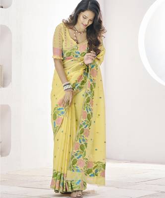 YELLOW linen silk blend saree for festive & party wear 2