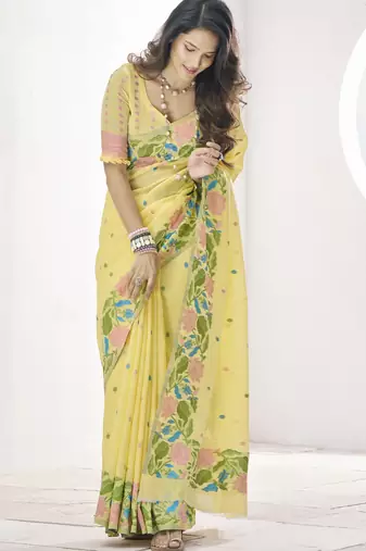YELLOW linen silk blend saree for festive & party wear