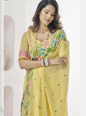 YELLOW linen silk blend saree for festive & party wear 3