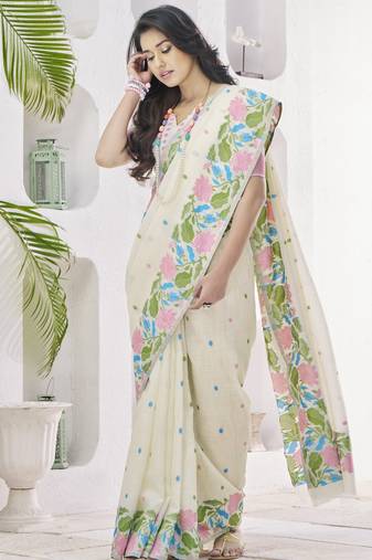 OFF WHITE linen silk blend saree for festive & party wear