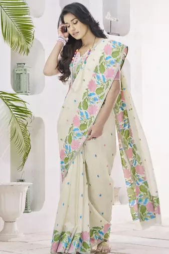 OFF WHITE linen silk blend saree for festive & party wear