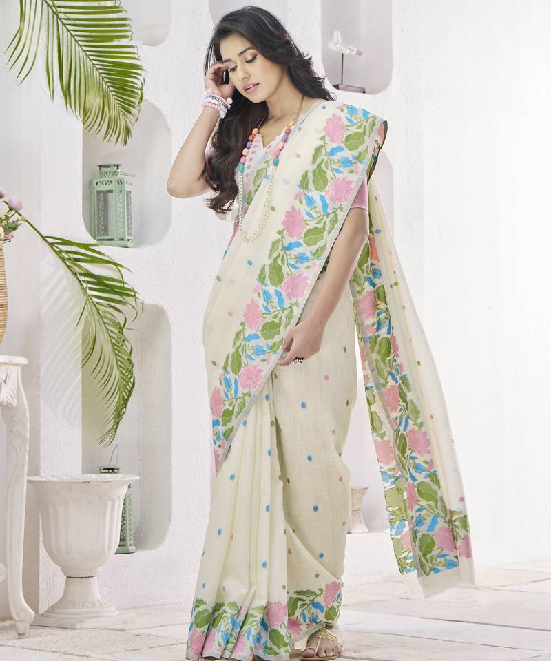 OFF WHITE linen silk blend saree for festive & party wear