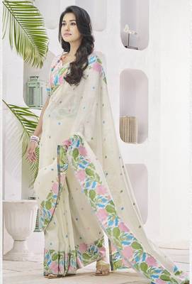 OFF WHITE linen silk blend saree for festive & party wear 2