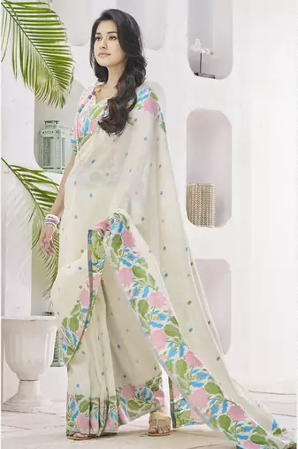 OFF WHITE linen silk blend saree for festive & party wear