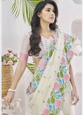 OFF WHITE linen silk blend saree for festive & party wear 3