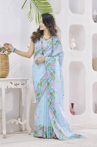 SKYBLUE linen silk blend saree for festive & party wear