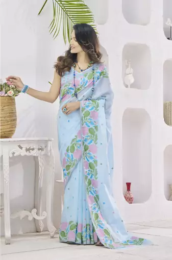 SKYBLUE linen silk blend saree for festive & party wear
