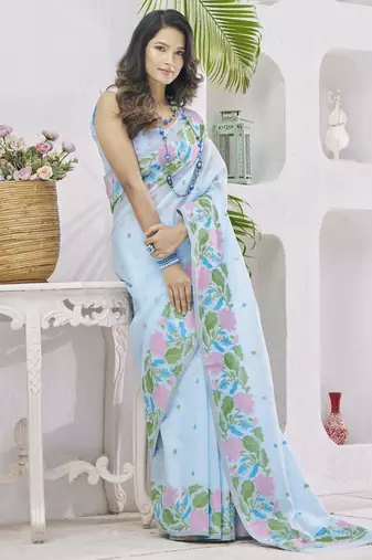 SKYBLUE linen silk blend saree for festive & party wear