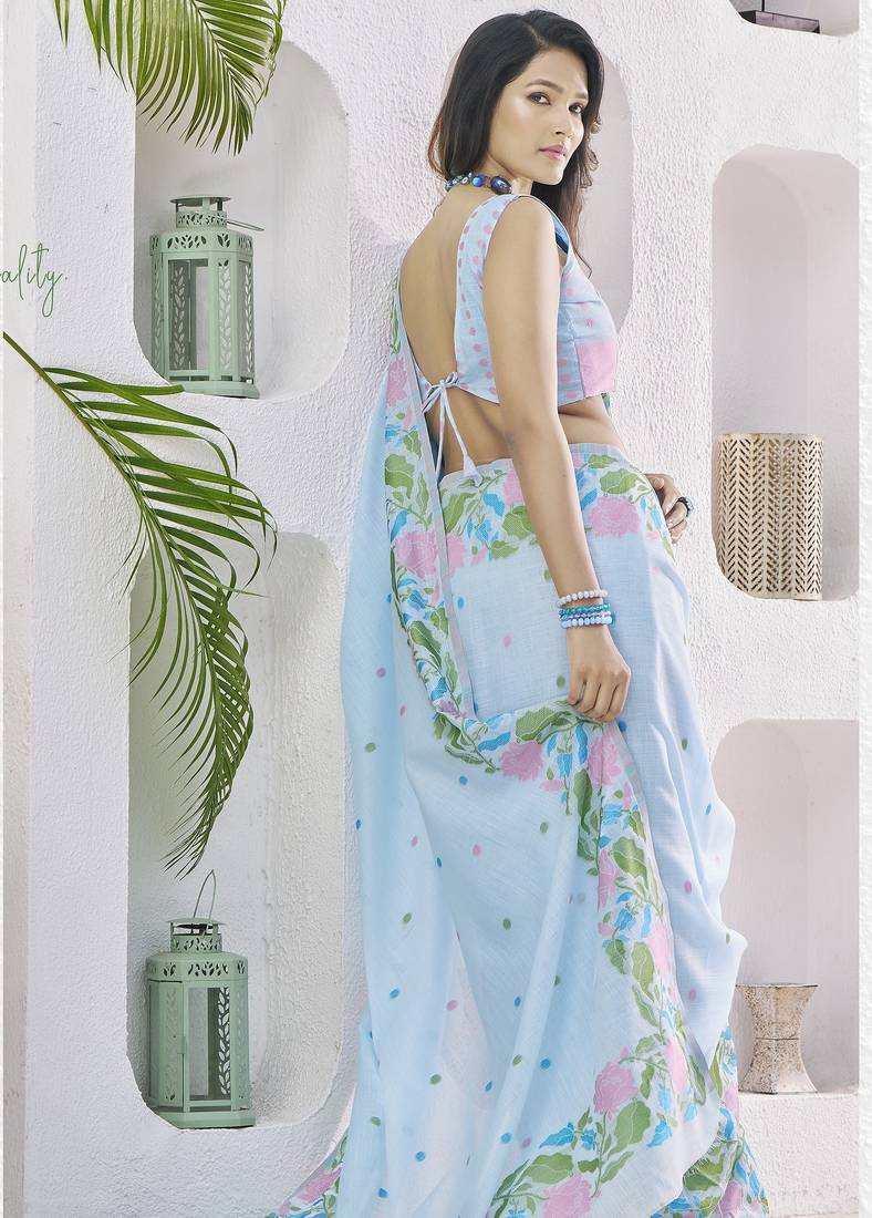 SKYBLUE linen silk blend saree for festive & party wear
