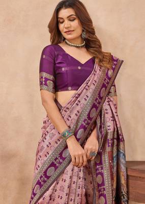 Light pink silk blend banarasi saree with unstitched blouse piece 6