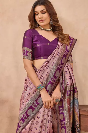 Light pink silk blend banarasi saree with unstitched blouse piece