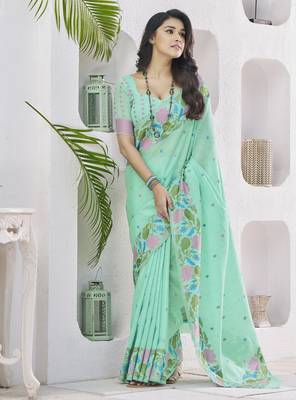 LIGHT GREEN linen silk blend saree for festive & party wear 1