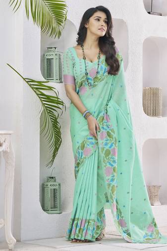 LIGHT GREEN linen silk blend saree for festive & party wear