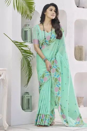 LIGHT GREEN linen silk blend saree for festive & party wear