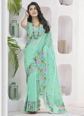 LIGHT GREEN linen silk blend saree for festive & party wear 2