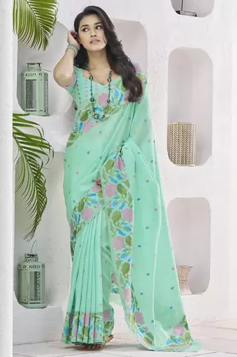 LIGHT GREEN linen silk blend saree for festive & party wear