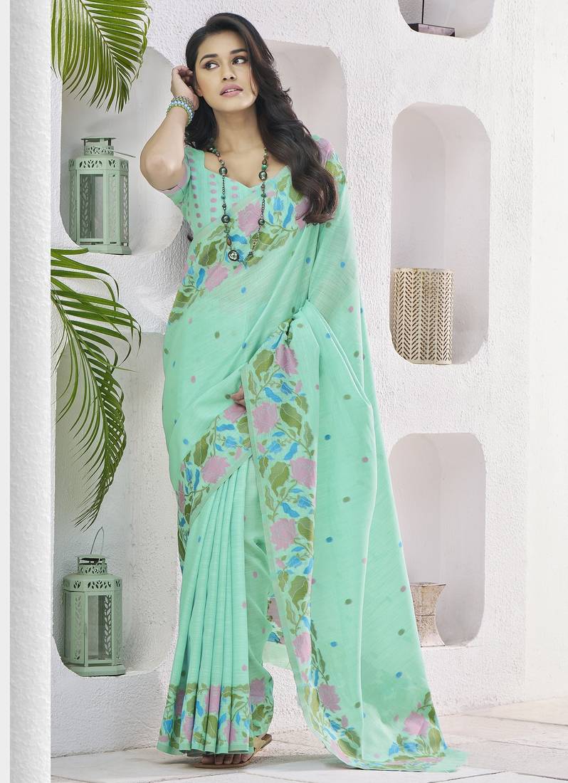 LIGHT GREEN linen silk blend saree for festive & party wear