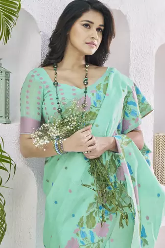 LIGHT GREEN linen silk blend saree for festive & party wear