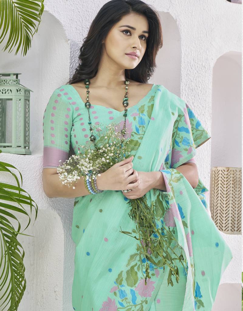 LIGHT GREEN linen silk blend saree for festive & party wear