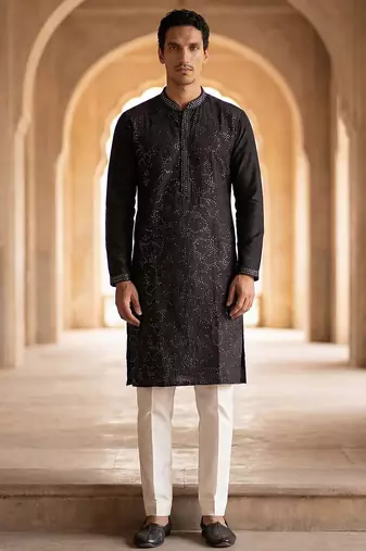 Mens silk blend black solid embroidered kurta