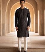 Mens silk blend black solid embroidered kurta