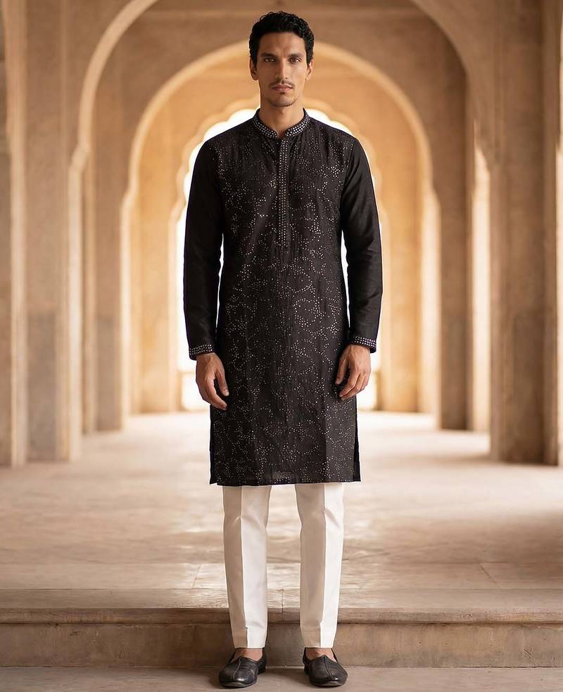 Mens silk blend black solid embroidered kurta