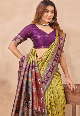 Neon wine silk blend banarasi saree with unstitched blouse piece 6