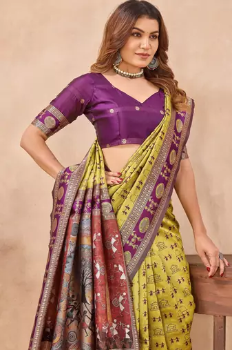 Neon wine silk blend banarasi saree with unstitched blouse piece