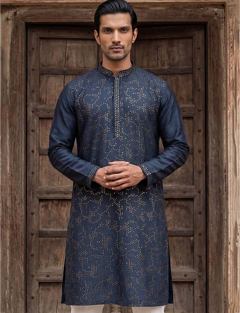 Mens silk blend Blue solid embroidered kurta