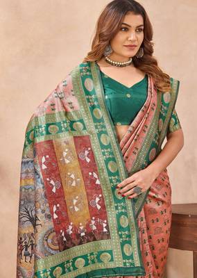 Peach green silk blend banarasi saree with unstitched blouse piece 6