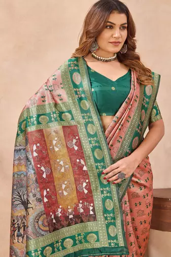 Peach green silk blend banarasi saree with unstitched blouse piece