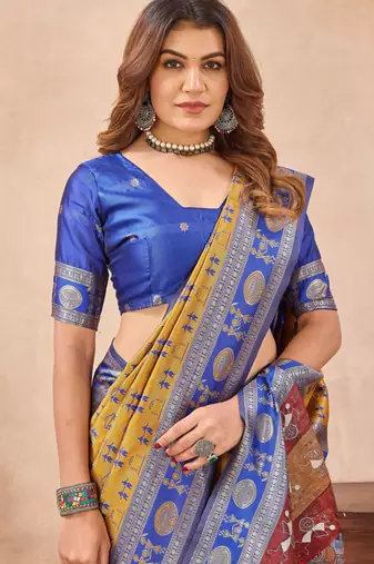 Mustard blue silk blend banarasi saree with unstitched blouse piece
