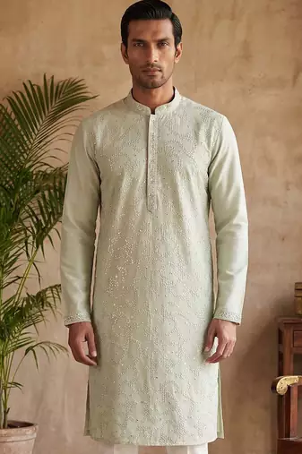 Mens silk blend green solid embroidered kurta